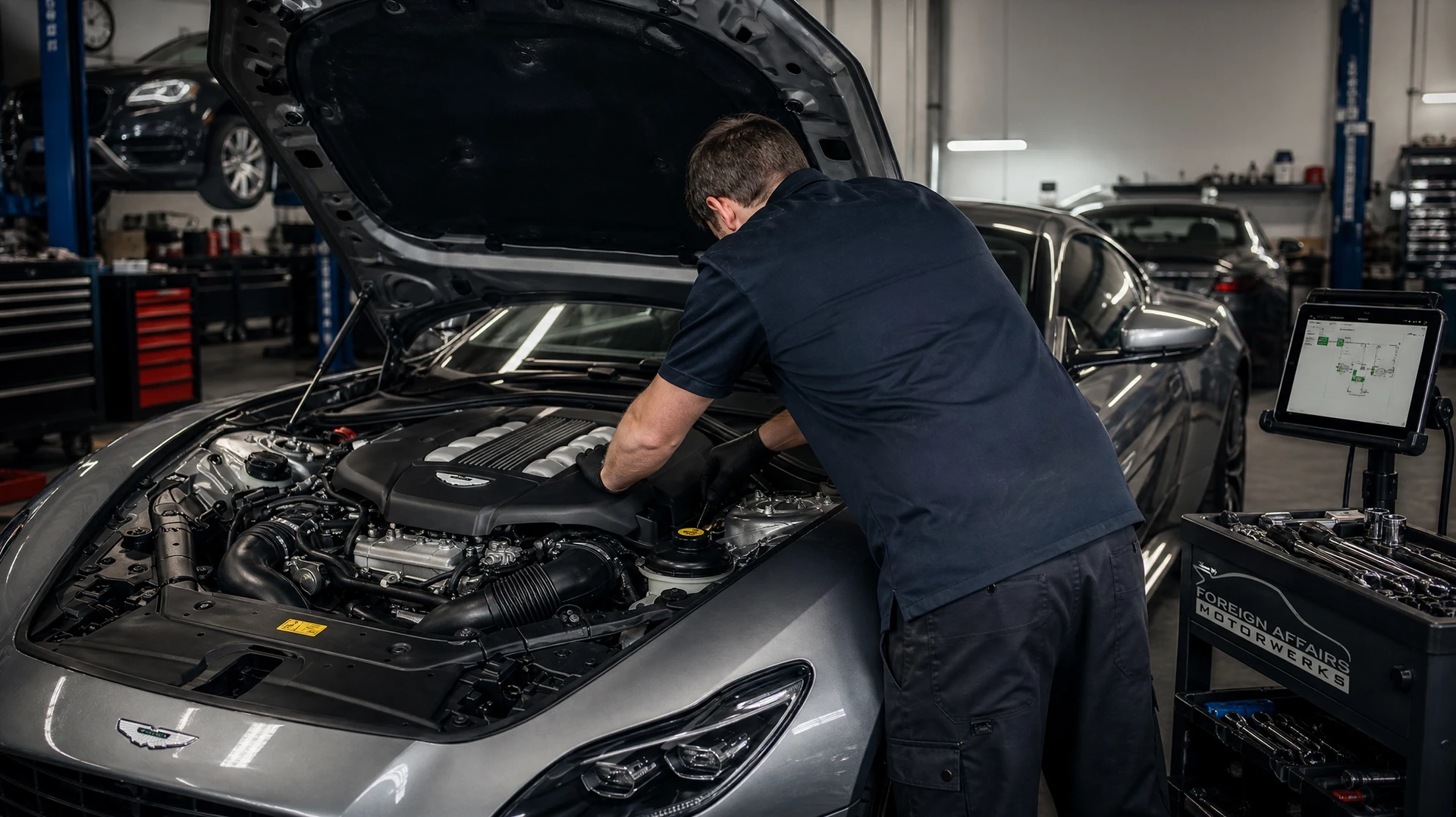 Photographie en intérieur d'un atelier automobile spécialisé montrant un technicien ou mécanicien en tenue professionnelle (combinaison, gilet de travail) en train d'effectuer un diagnostic électronique ou une réparation moteur sur une voiture haut de gamme (Porsche, BMW, Mercedes ou Aston Martin). Équipement diagnostic informatisé visible, établi avec appareils de mesure, servante d'outils. Atelier bien éclairé aux LED, sol époxy, ambiance professionnelle et méthodique, reflet du savoir-faire technique. Aucune marque de texte ou logo visible. Photo de qualité professionnelle en lumière naturelle ou studio.