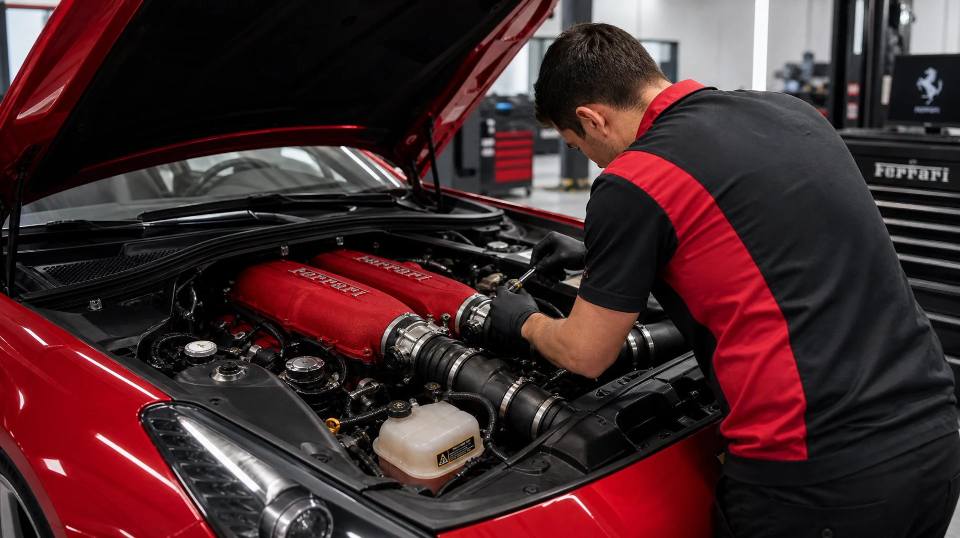 Photographie en intérieur d'un atelier automobile professionnel équipé. Au premier plan, une Porsche ou une autre voiture de prestige (Ferrari, Lamborghini, Maserati ou BMW M) stationnée face caméra, en excellent état. L'arrière-plan montre du matériel d'entretien professionnel : pont élévateur hydraulique bleu visible, étagères organisées de pièces détachées, servante d'atelier avec outils, éclairage LED industriel. L'atmosphère doit être celle d'un garage spécialisé haut de gamme, professionnel et méticuleux. Sol époxy ou béton ciré. Aucune personne visible. La plaque ou enseigne du garage peut être présente de manière discrète en arrière-plan.