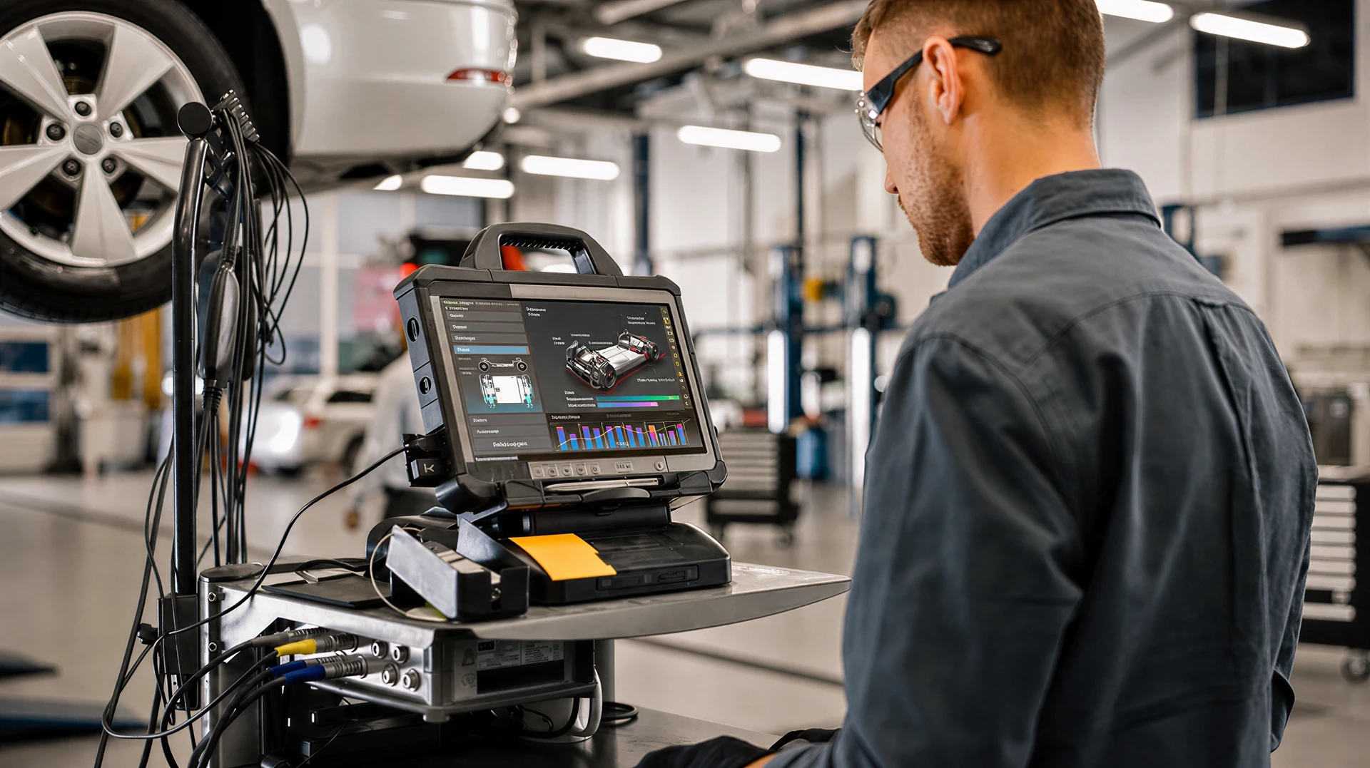 Photographie en gros plan d'un tableau de bord numérique haute définition d'une voiture de prestige (Porsche, Mercedes ou BMW), affichant des informations de diagnostic avancées : jauges de performance, paramètres moteur, écrans de navigation sophistiqués. La prise de vue capte l'écran tactile iDrive ou similaire de face, avec éclairage ambiant du cockpit visible, et de légères portions de volant M sport ou équivalent en arrière-plan flou. Atmosphère technologique et premium, qualité photographique professionnelle en lumière tamisée d'intérieur automobile de luxe.