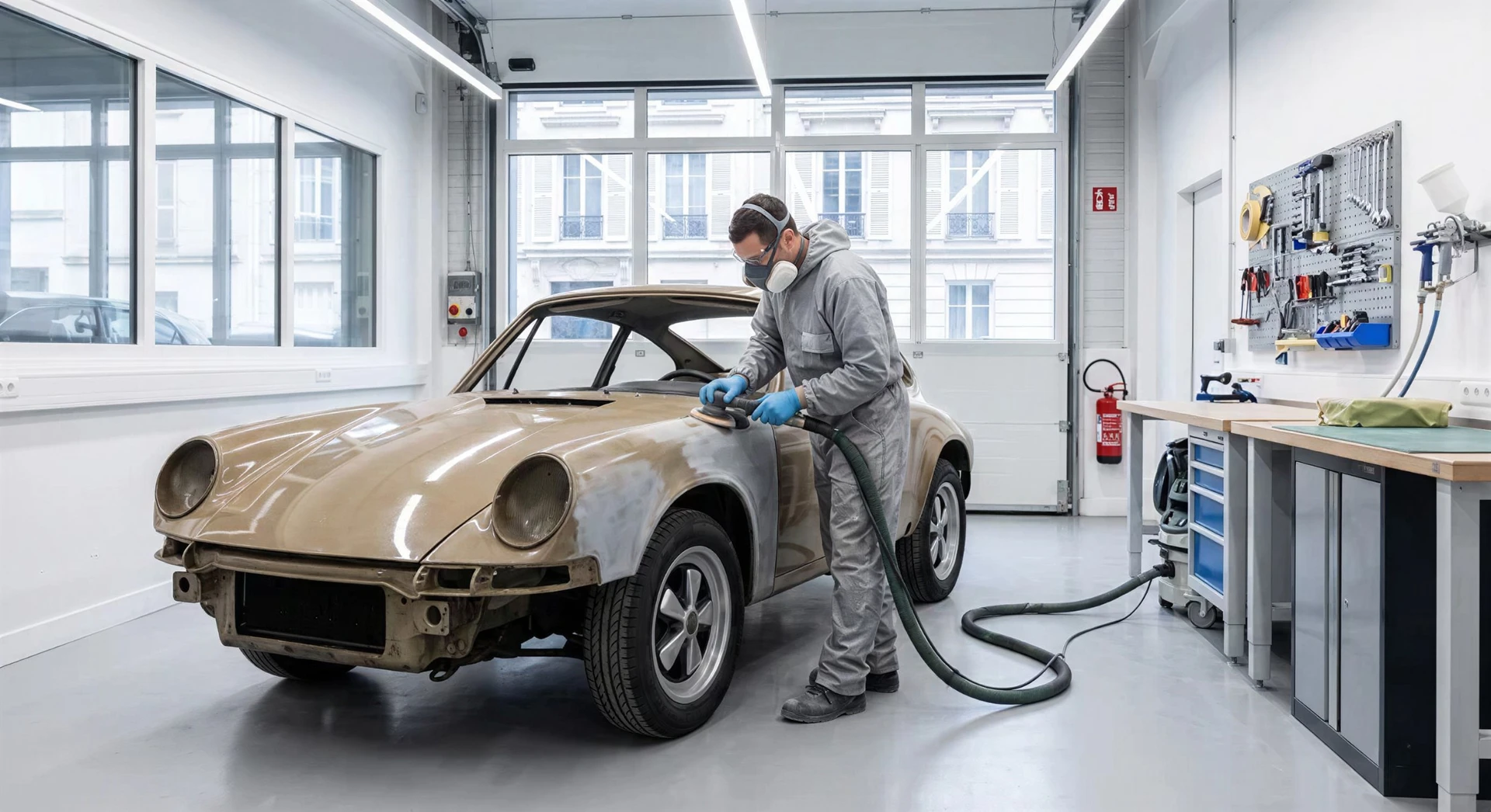 Photographie en intérieur d'un atelier automobile professionnel montrant un technicien en tenue de travail effectuant des travaux de carrosserie sur une voiture haut de gamme (Porsche, Ferrari ou BMW). La scène montre clairement le processus de réparation/restauration carrosserie : meuleuse, ponceuse, ou préparation de surface visible. Le véhicule est partiellement démonté ou en cours de travail. Équipement professionnel visible : établi avec outillage carrosserie, pistolet à peinture, système d'aspiration de poussière, échafaudage ou chevalet de travail. Atelier bien éclairé aux LED, sol époxy, ambiance méthodique et professionnelle. Photo de qualité professionnelle.